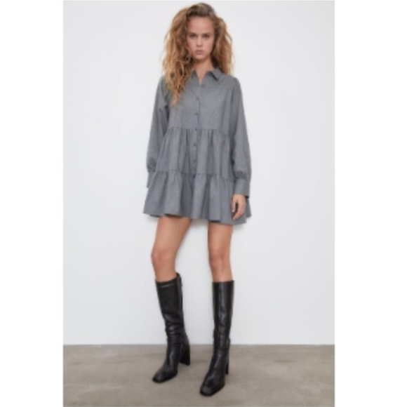 🇪🇦 Zara Grey Tiered Mini Shirt Dress - Picture 15 of 16